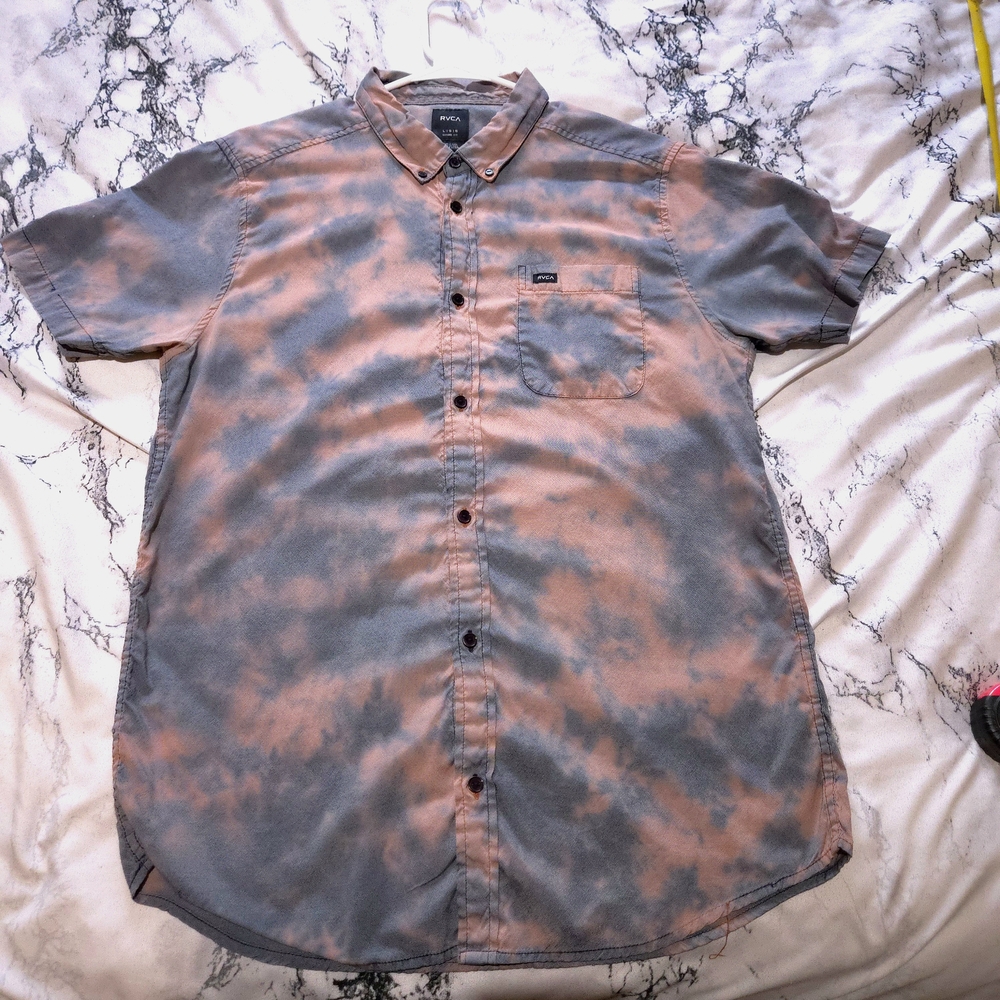 RVCA Men's Casual Tie-Dye Button-Down Shirt - Pink and Gray